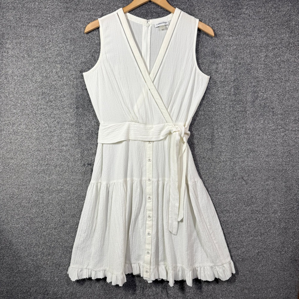 Calvin Klein Dress 4 White Sleeveless Textured Faux Wrap Tiered Ruffle Hem